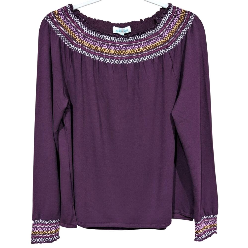 NWT Grace & Lace Maroon Embroidered multi Color Boho Long Sleeve Blouse